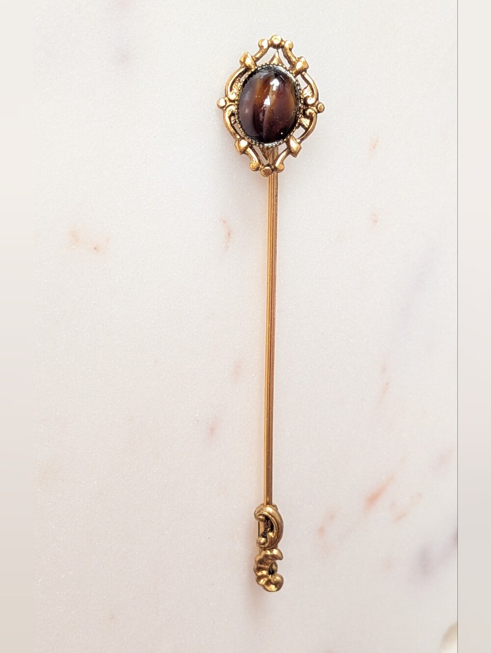 Vintage W Germany Tiger's Eye Stick Pin Gold Tone Filigree